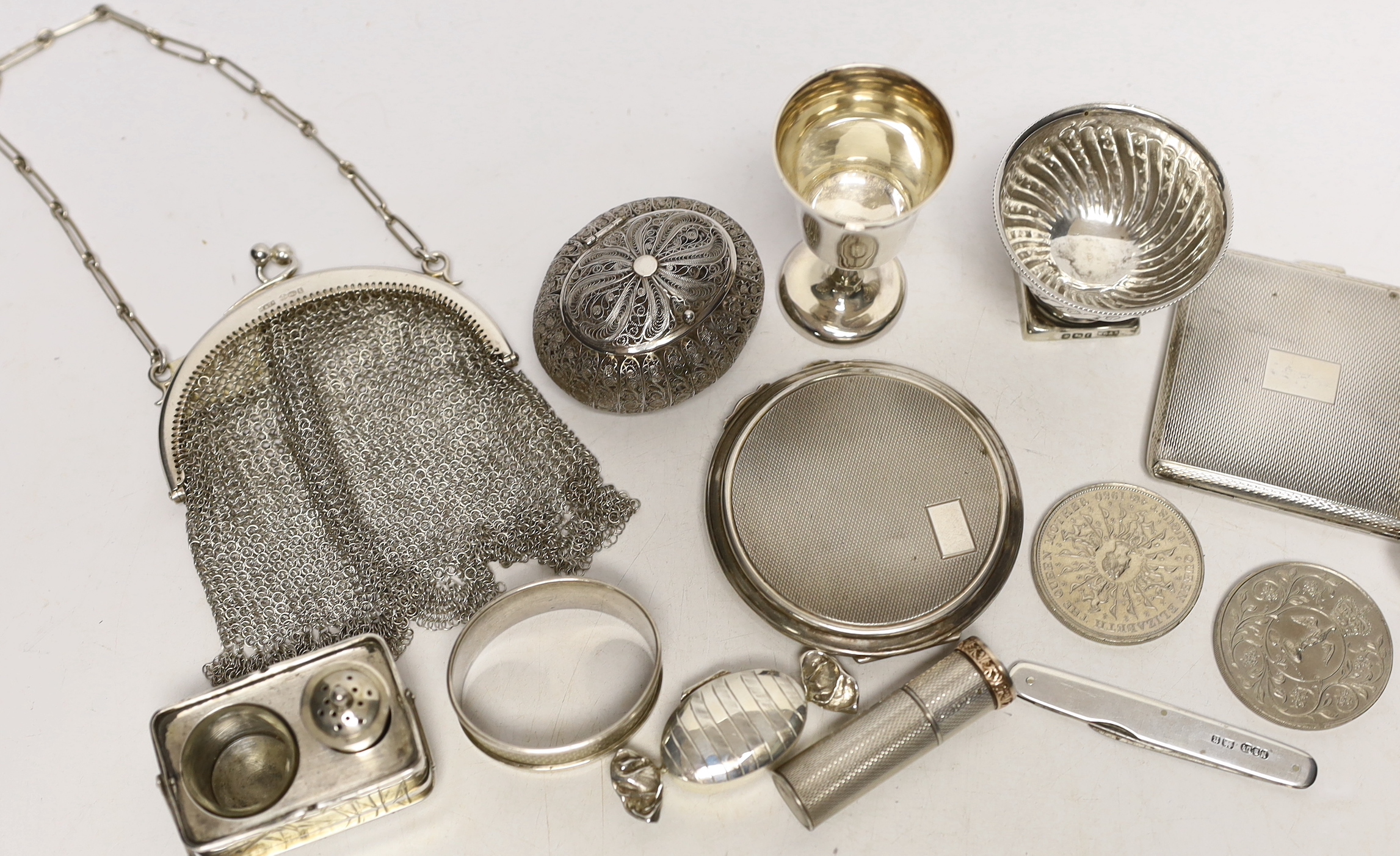 Sundry small silver and white metal items including two silver compacts, penknife, pedestal salt, Japanese sterling condiment, tot, evening bag, filigree box, lipstick holder, bookmark etc.